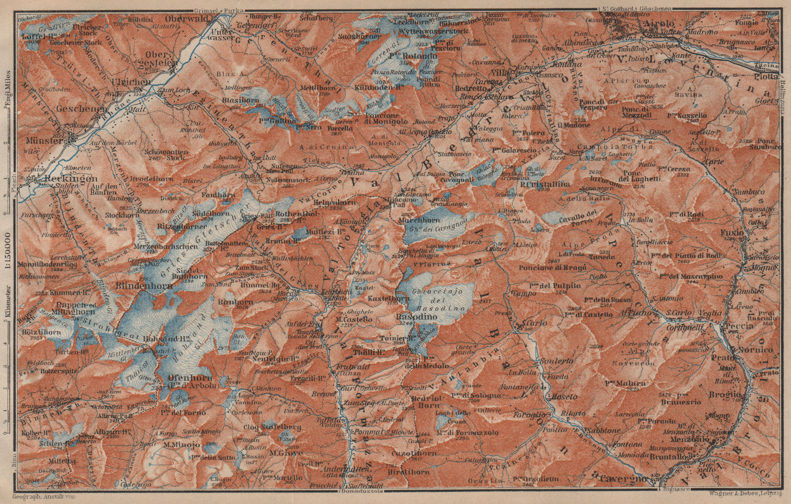 GRIES PASS & NW TICINO ALPS. Val Bedretto Airolo Basodino Ofenhorn 1905 map